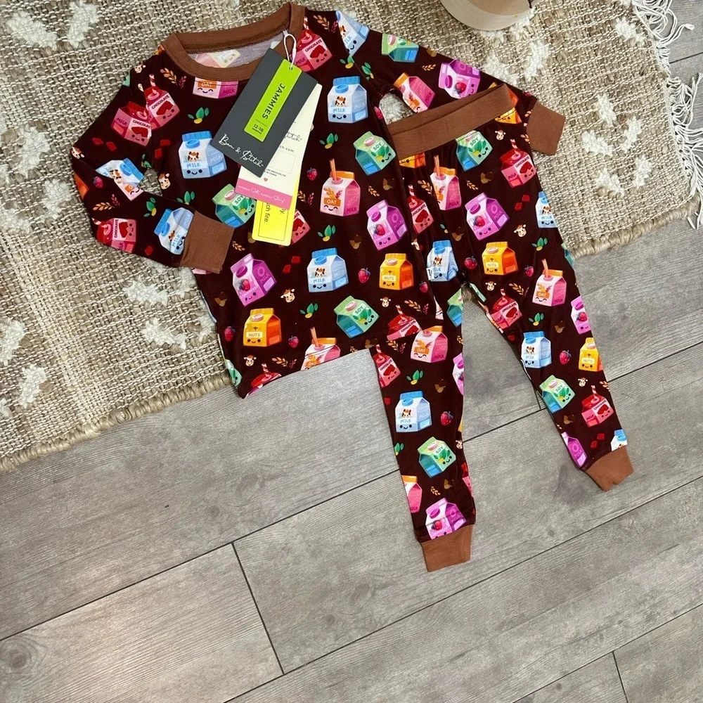 New Boutique Bamboo Milk Theme Long Sleeve Pajamas Set 12-18 Months Boy Girl